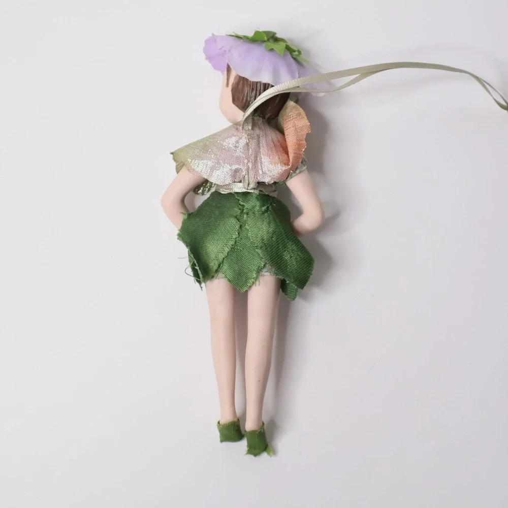 Vintage Porcelain Flower Fairy Ornament Green Leaf‎ Dress Purple Floral Hat 6.5